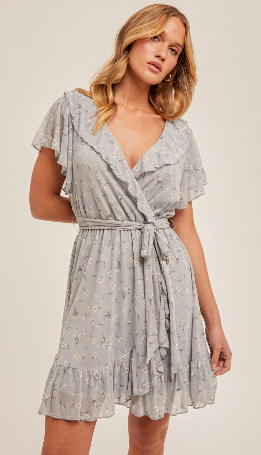 Blue Skies V Neck Ruffled Floral Dress- Pale Blue Blue Skies V Neck Ruffled Floral Dress- Pale Blue