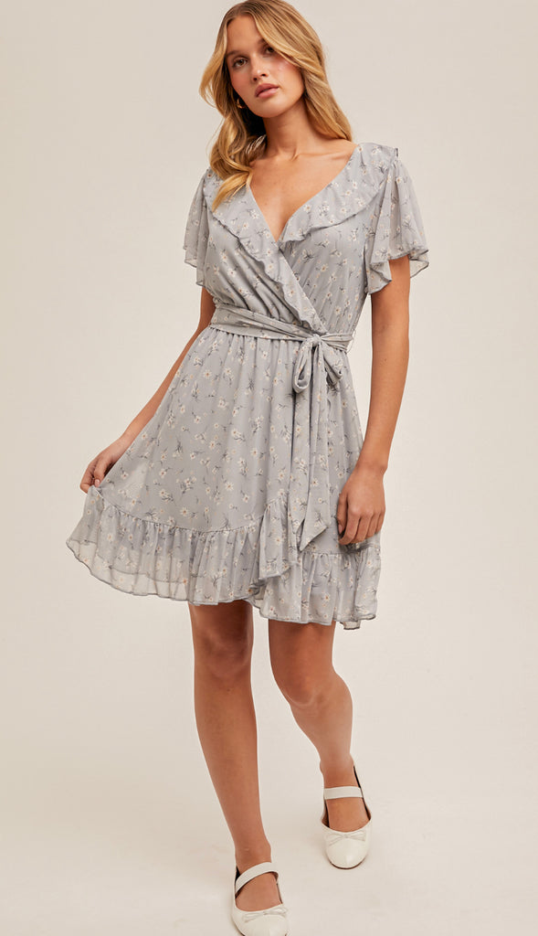 Blue Skies V Neck Ruffled Floral Dress- Pale Blue