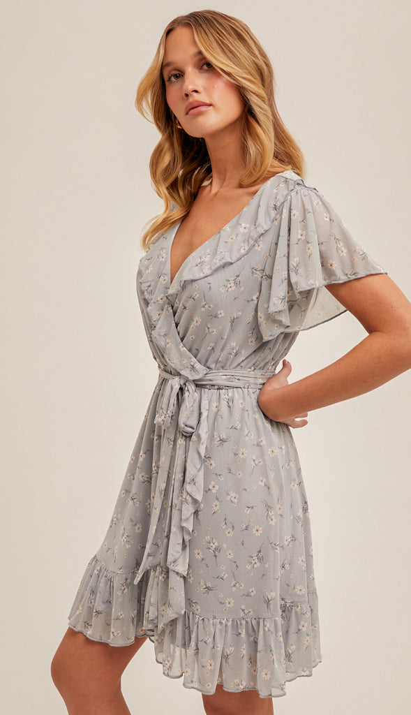 Blue Skies V Neck Ruffled Floral Dress- Pale Blue
