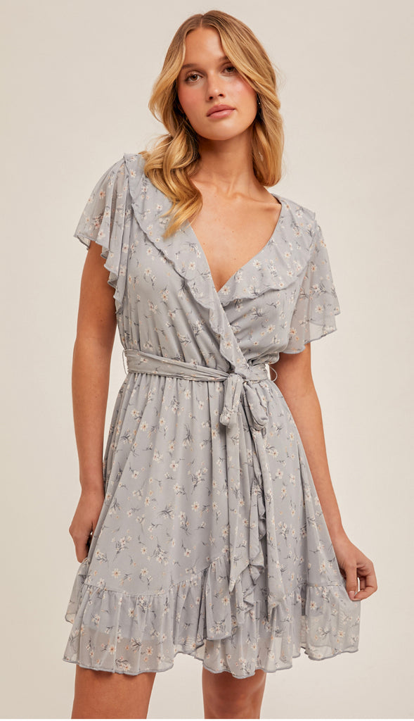 Blue Skies V Neck Ruffled Floral Dress- Pale Blue