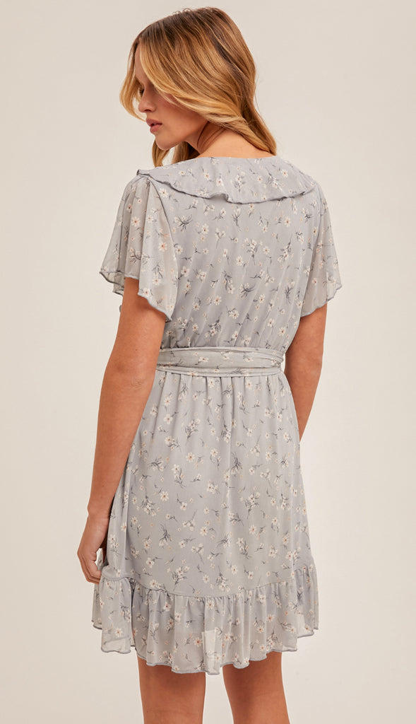 Blue Skies V Neck Ruffled Floral Dress- Pale Blue