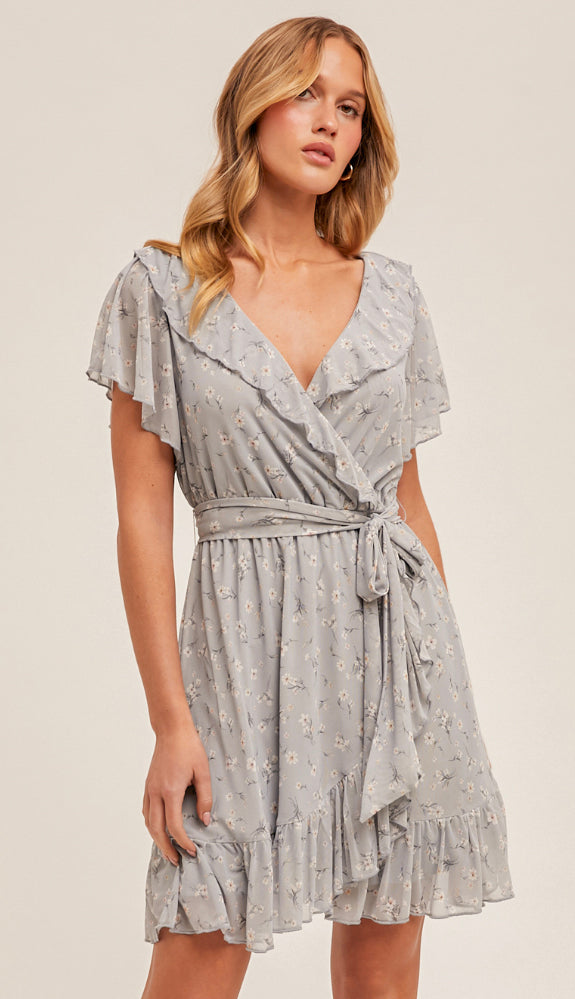 Blue Skies V Neck Ruffled Floral Dress- Pale Blue