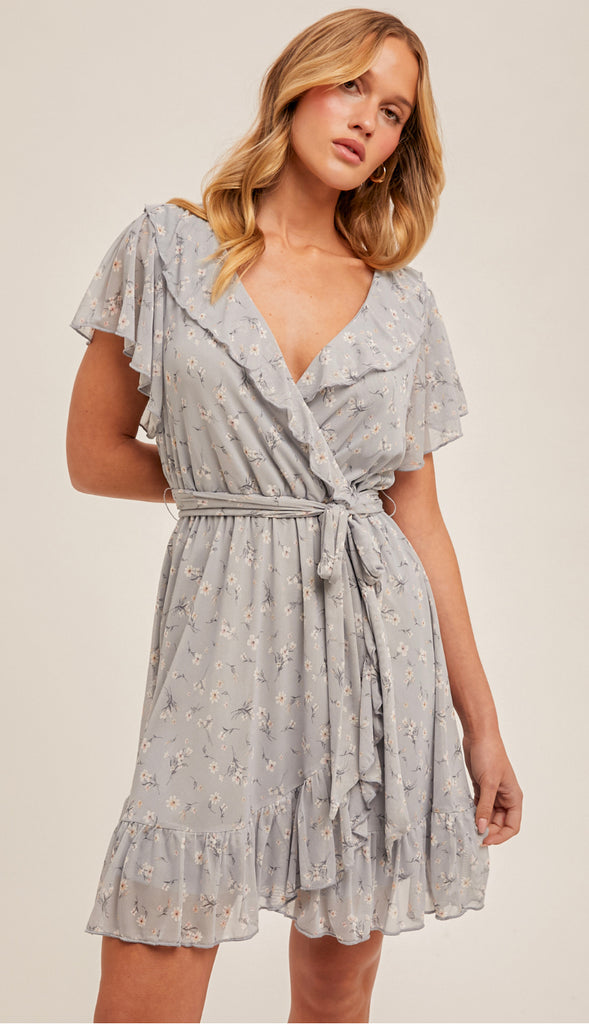Blue Skies V Neck Ruffled Floral Dress- Pale Blue