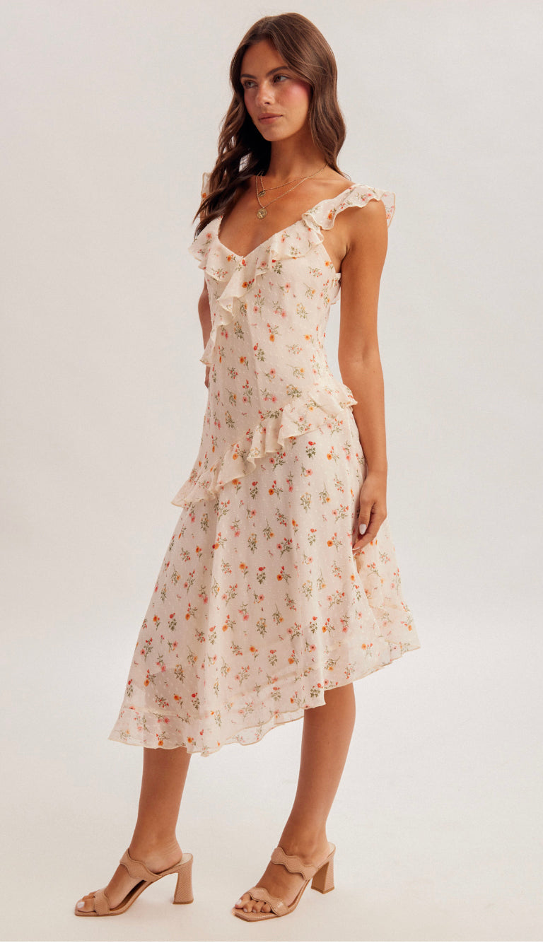 floral asymmetrical dress Reba Pink Ruffle Tiered Maxi flattering edge Hidden side zipper closure for a clean ASTR the Label Flutter Sleeve