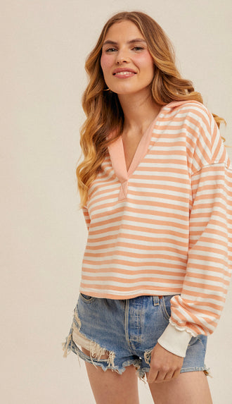 Blake Oversized Crop Stripe Hoodie- Coral