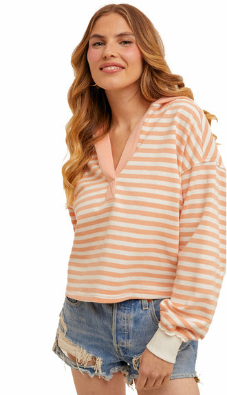 Blake Oversized Crop Stripe Hoodie- Coral