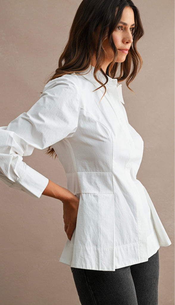 Class Act Pleated Peplum Cotton Shirt- Off White