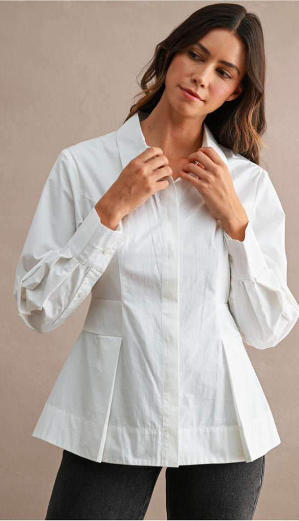Class Act Pleated Peplum Cotton Shirt- Off White