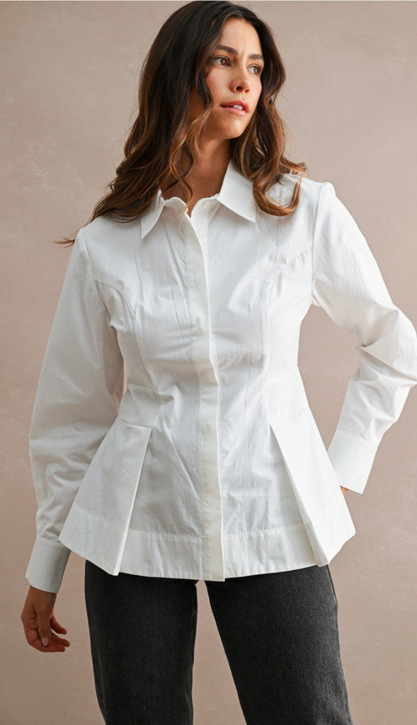 Class Act Pleated Peplum Cotton Shirt- Off White