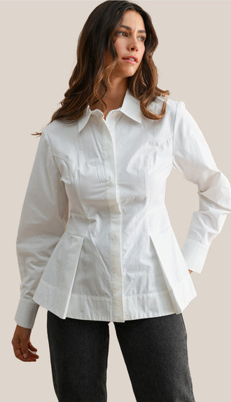 Class Act Pleated Peplum Cotton Shirt- Off White