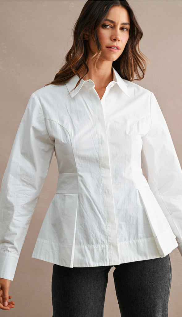 Class Act Pleated Peplum Cotton Shirt- Off White
