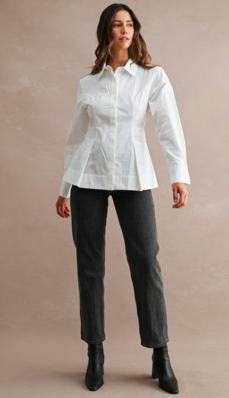 Class Act Pleated Peplum Cotton Shirt- Off White