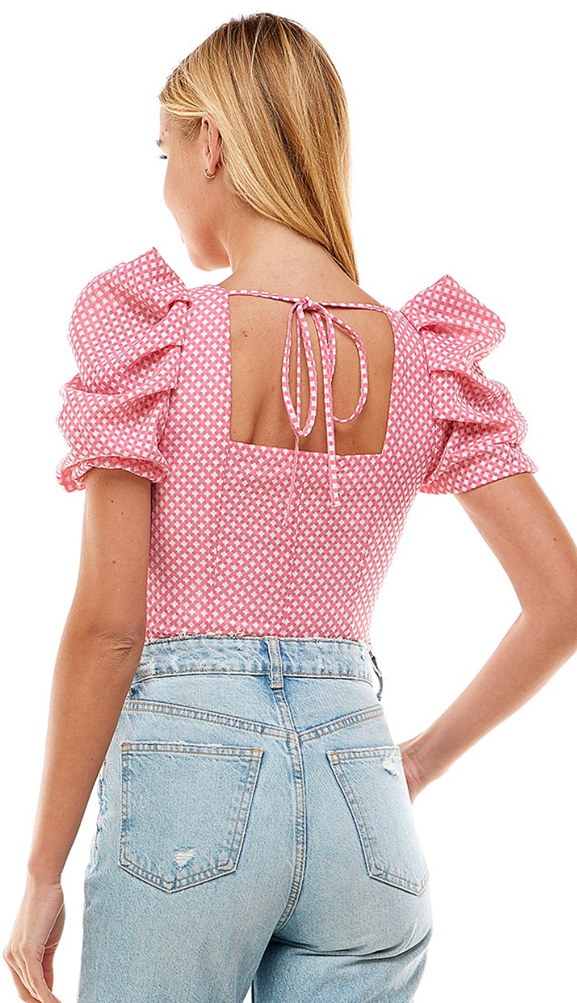 Saylor Patterned Puff Sleeve Bodysuit- Pink