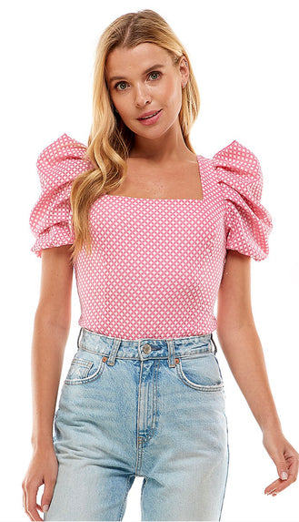 Saylor Patterned Puff Sleeve Bodysuit- Pink