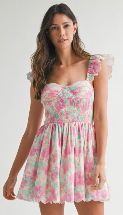 Poppy Ruffle Smocked Floral Dress- Pink