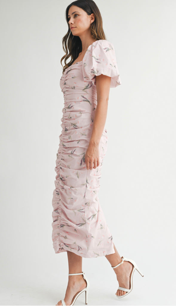 Showered With Love Floral Puff Sleeve Ruched Midi Dress- Lt Pink