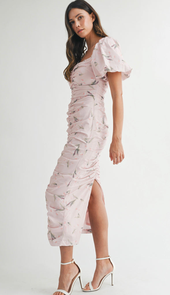 Showered With Love Floral Puff Sleeve Ruched Midi Dress- Lt Pink