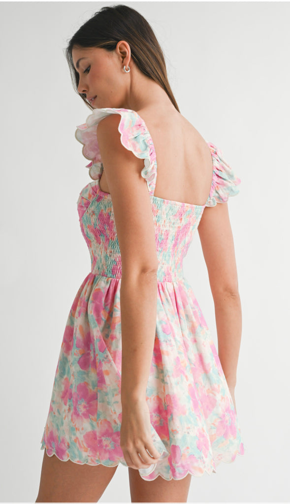 Poppy Ruffle Smocked Floral Dress- Pink