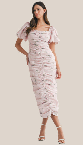 Showered With Love Floral Puff Sleeve Ruched Midi Dress- Lt Pink