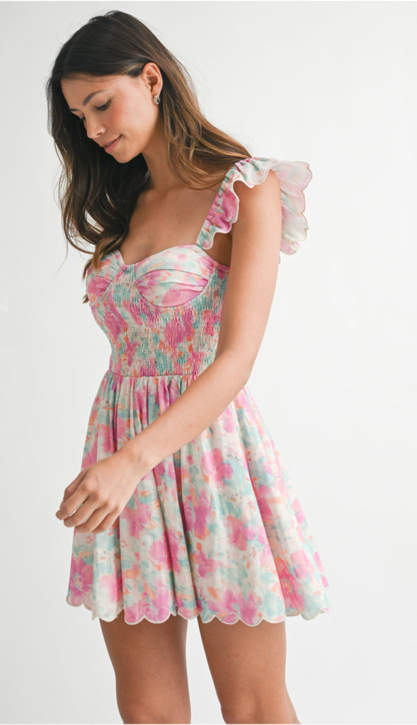 Poppy Ruffle Smocked Floral Dress- Pink