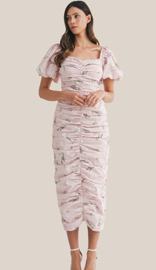 Showered With Love Floral Puff Sleeve Ruched Midi Dress- Lt Pink