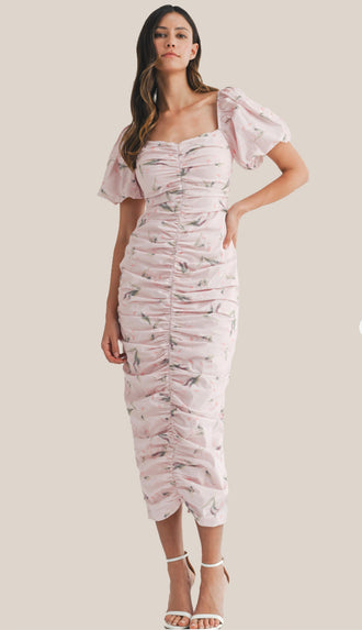 Showered With Love Floral Puff Sleeve Ruched Midi Dress- Lt Pink