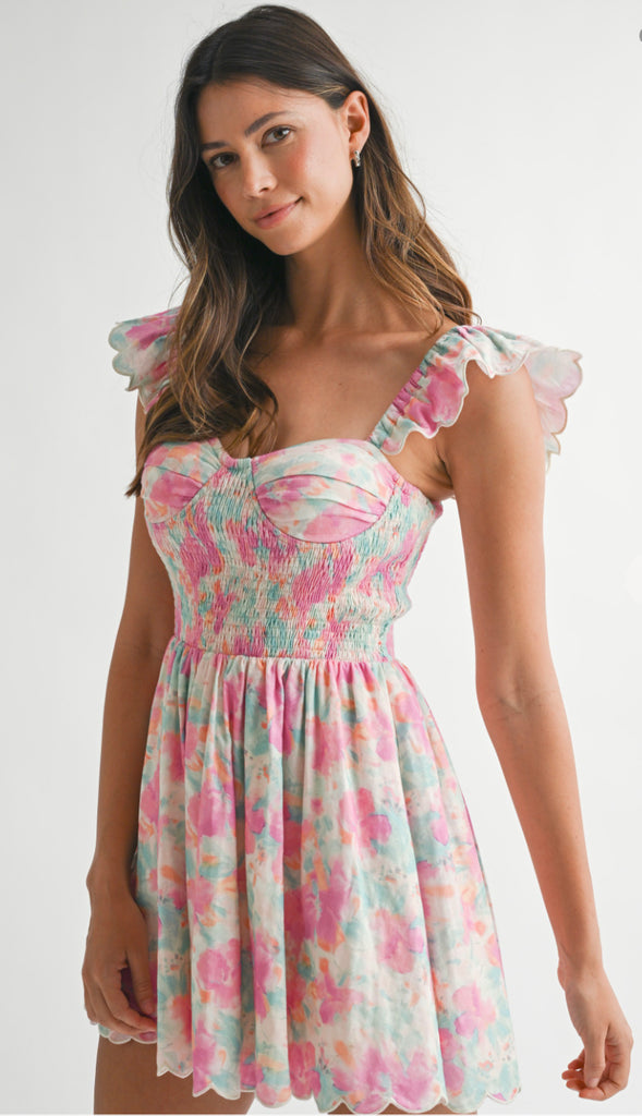 Poppy Ruffle Smocked Floral Dress- Pink