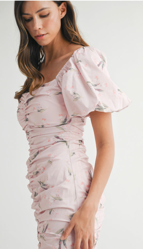 Showered With Love Floral Puff Sleeve Ruched Midi Dress- Lt Pink