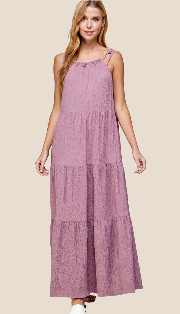 Azalea Tie Shoulder Tiered Maxi Dress- Dusty Pink