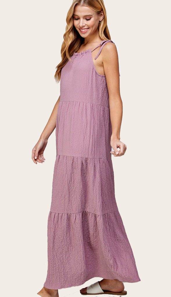 Azalea Tie Shoulder Tiered Maxi Dress- Dusty Pink