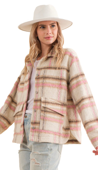 Annika Brushed Plaid Jacket- Pink/Taupe