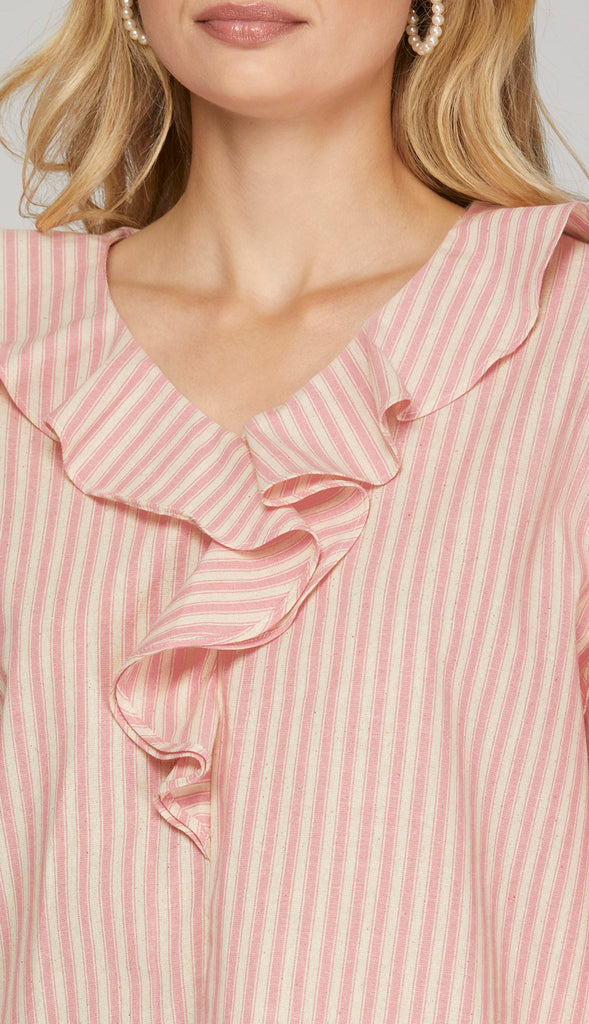 Sunday Brunch Ruffled Striped Top- Pink