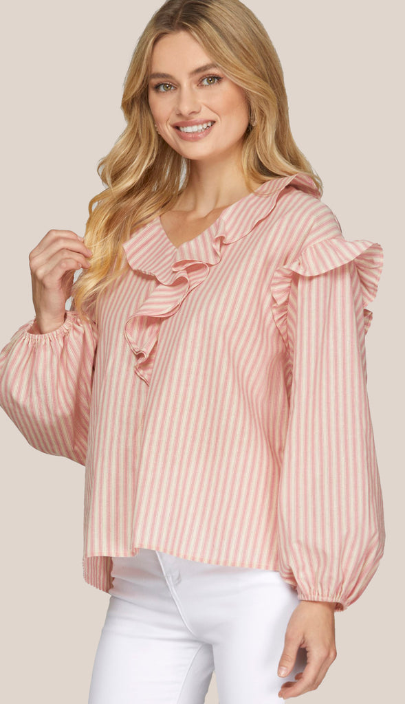 Sunday Brunch Ruffled Striped Top- Pink