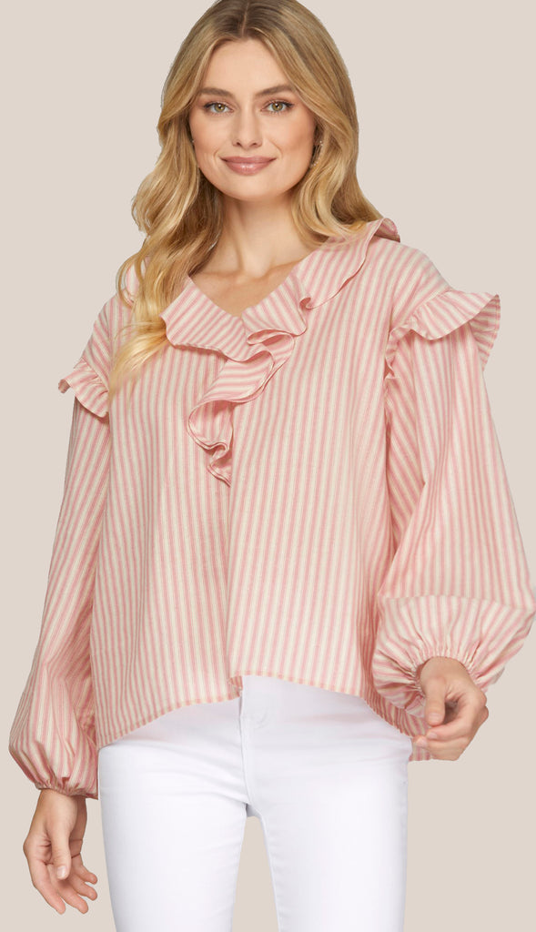 Sunday Brunch Ruffled Striped Top- Pink