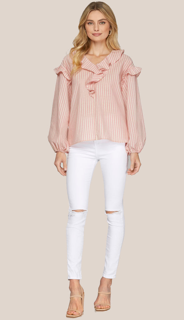 Sunday Brunch Ruffled Striped Top- Pink