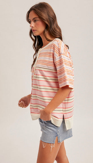 Everyday Easy Stripe Mixed Henley Top- Pink