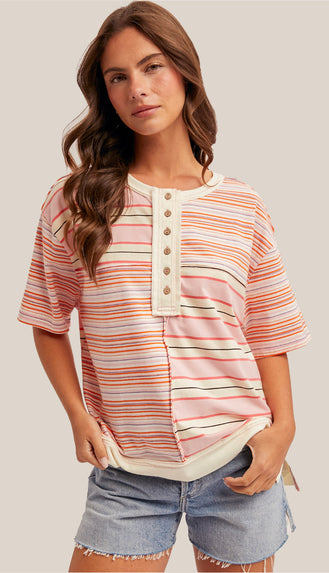 Everyday Easy Stripe Mixed Henley Top- Pink