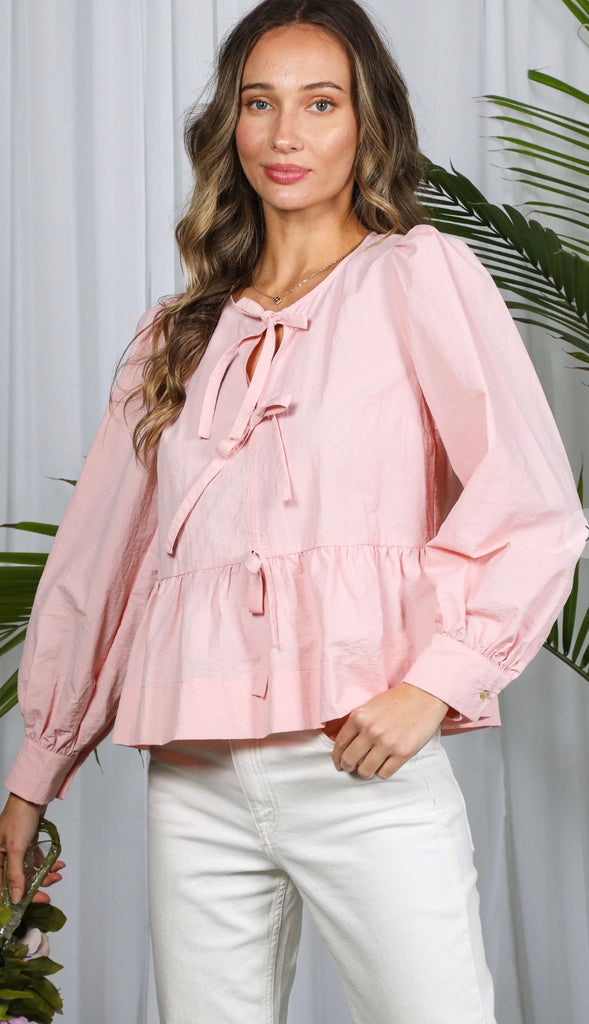Georgia Puff Sleeve Tie Front Top- Pink