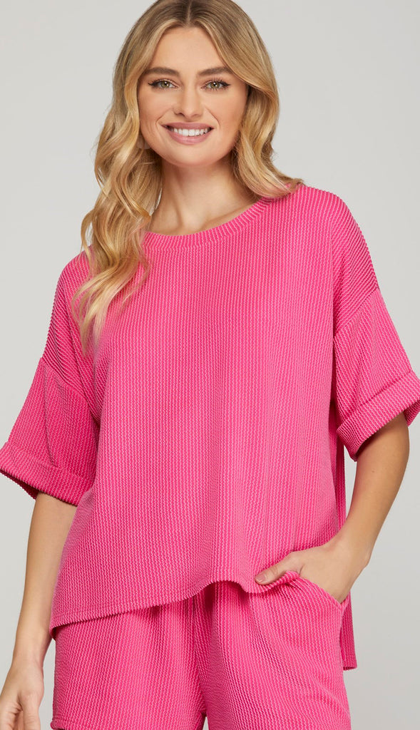 Millie Half Sleeve Textured Top- Hot Pink