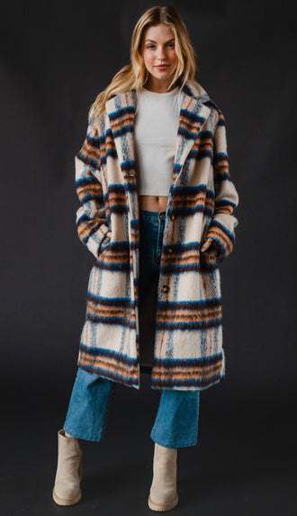 Larissa Brushed Plaid Long Coat- Cream/Rust/Blue