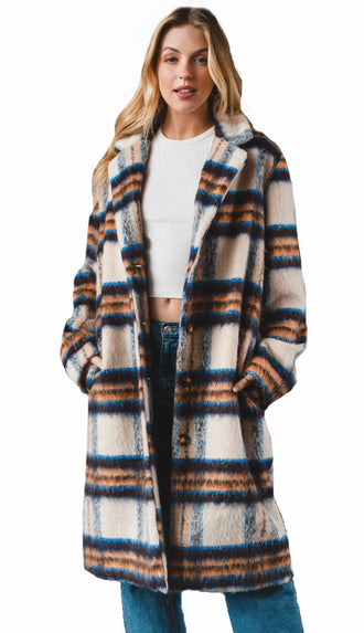 Larissa Brushed Plaid Long Coat- Cream/Rust/Blue