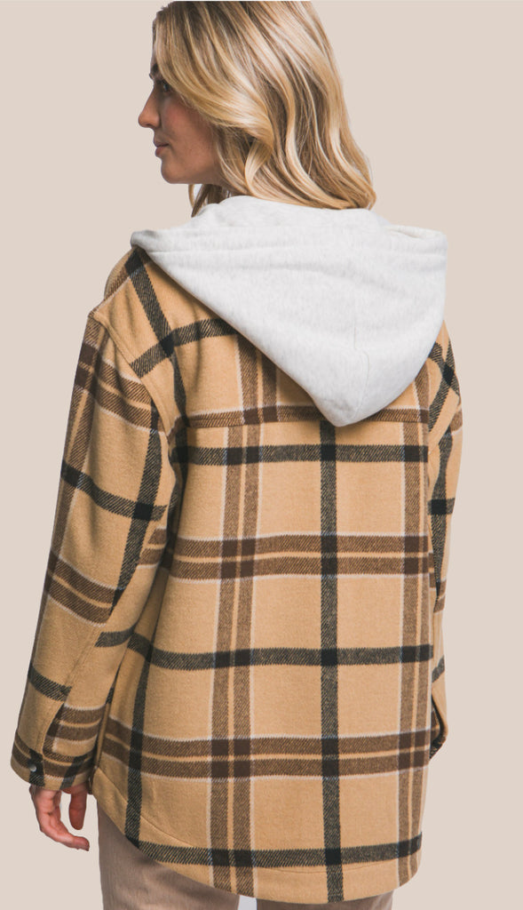 Plaid Hooded Jacket With Drawstrings- Camel