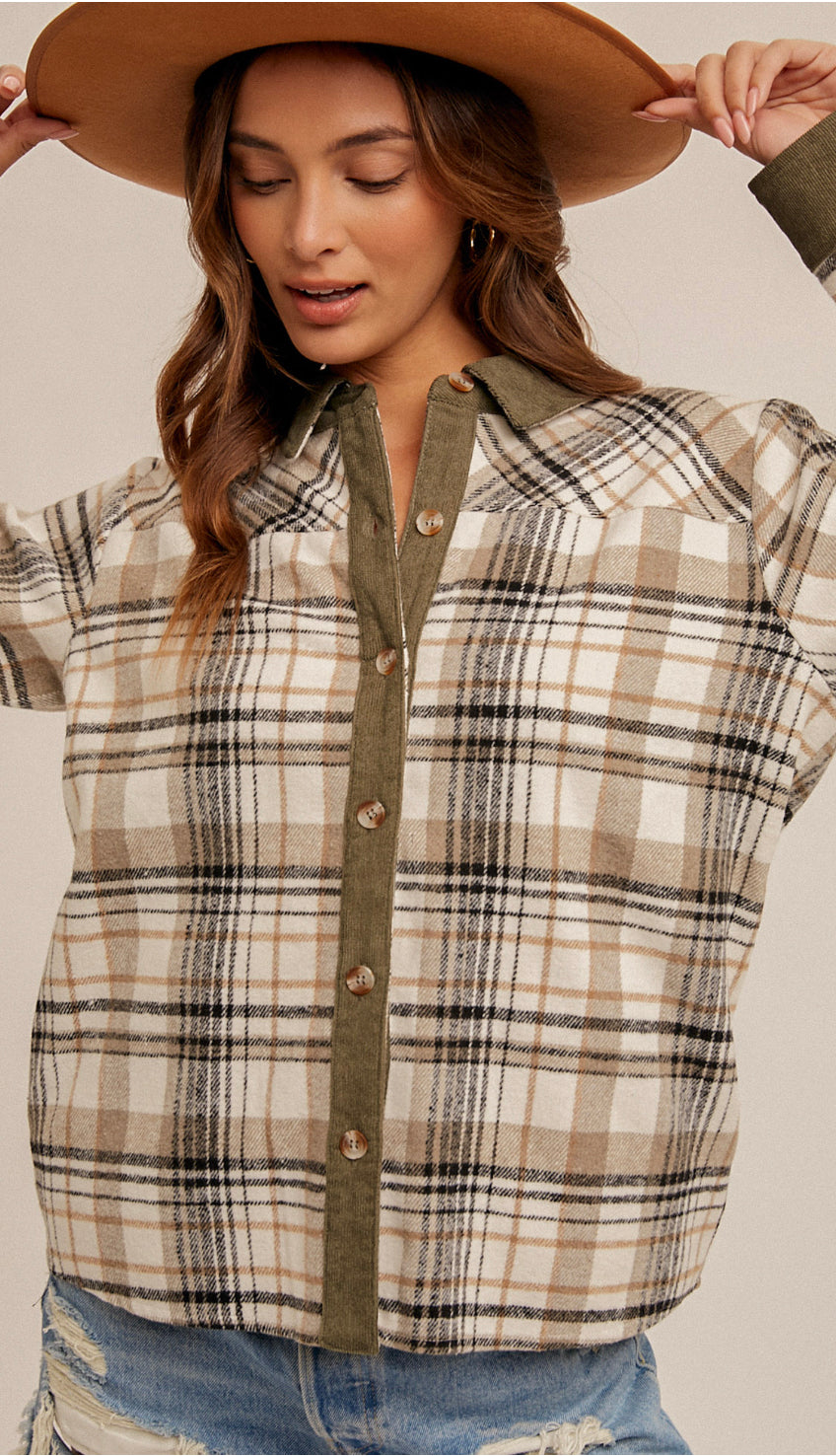Camp Forest Soft Plaid Shacket- Taupe/Olive
