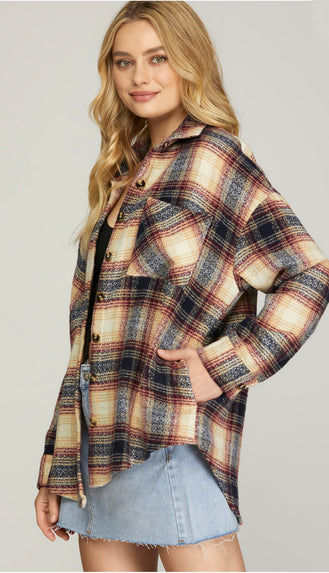 Down Home Plaid Shacket- Navy