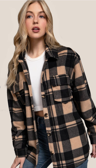 Alba Long Sleeve Plaid Fleece Shacket- Taupe