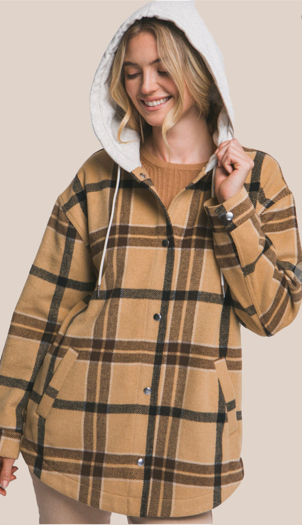 Plaid Hooded Jacket With Drawstrings- Camel