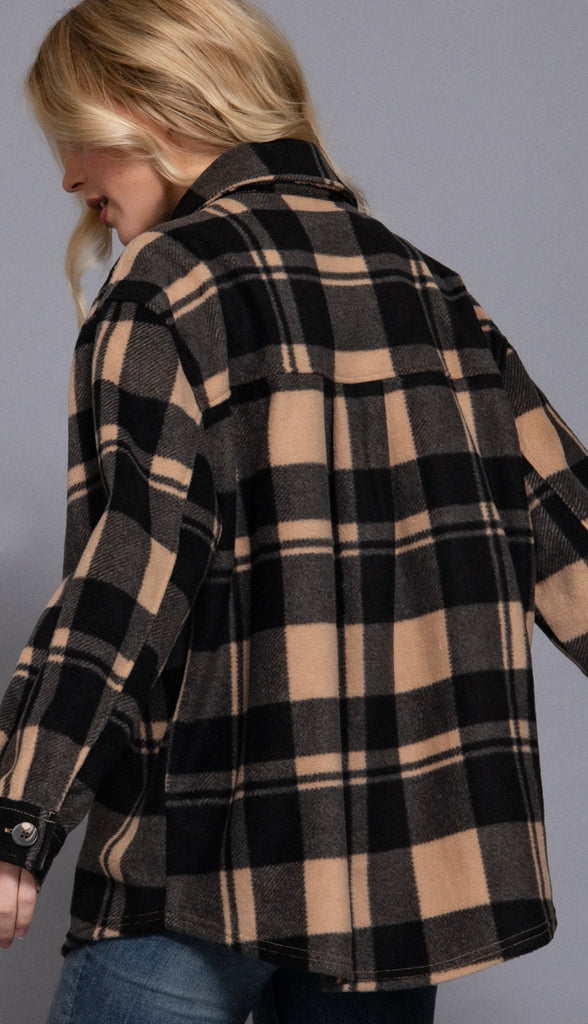 Alba Long Sleeve Plaid Fleece Shacket- Taupe