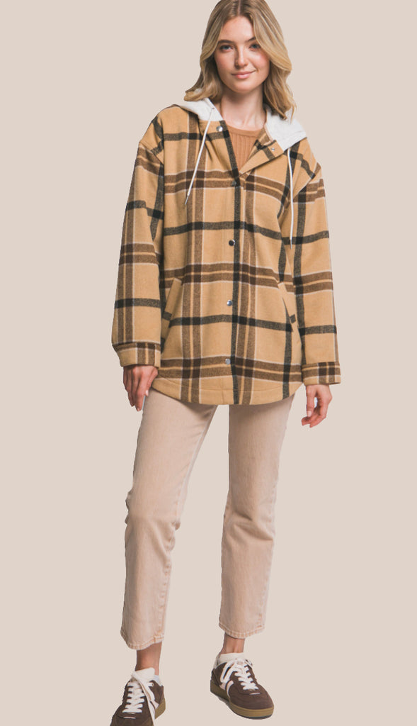 Plaid Hooded Jacket With Drawstrings- Camel