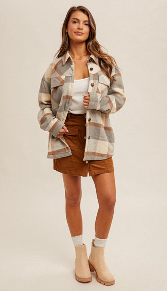 So Soft Brushed Plaid Button Shacket- Neutral Gray