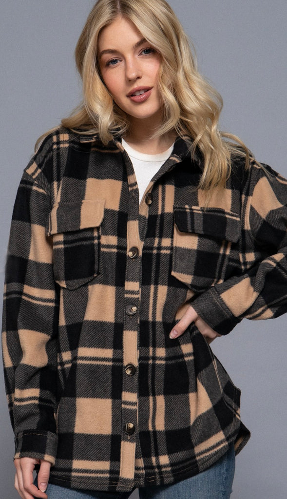 Alba Long Sleeve Plaid Fleece Shacket- Taupe